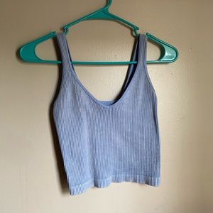 Blue tank top, Bella Seamless is the brand.